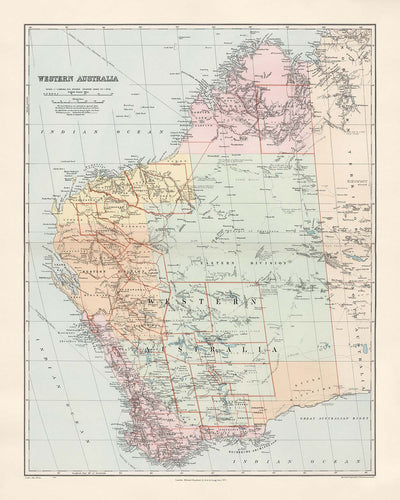 Old Map of Western Australia & the Outback by Edward Stanford, 1904: Perth, Railroads, Explorers' Routes, Great Victoria Desert