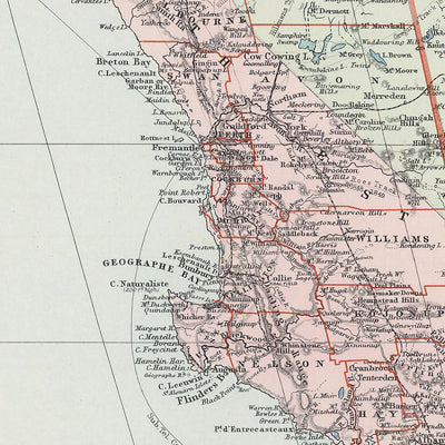 Old Map of Western Australia & the Outback by Edward Stanford, 1904: Perth, Railroads, Explorers' Routes, Great Victoria Desert