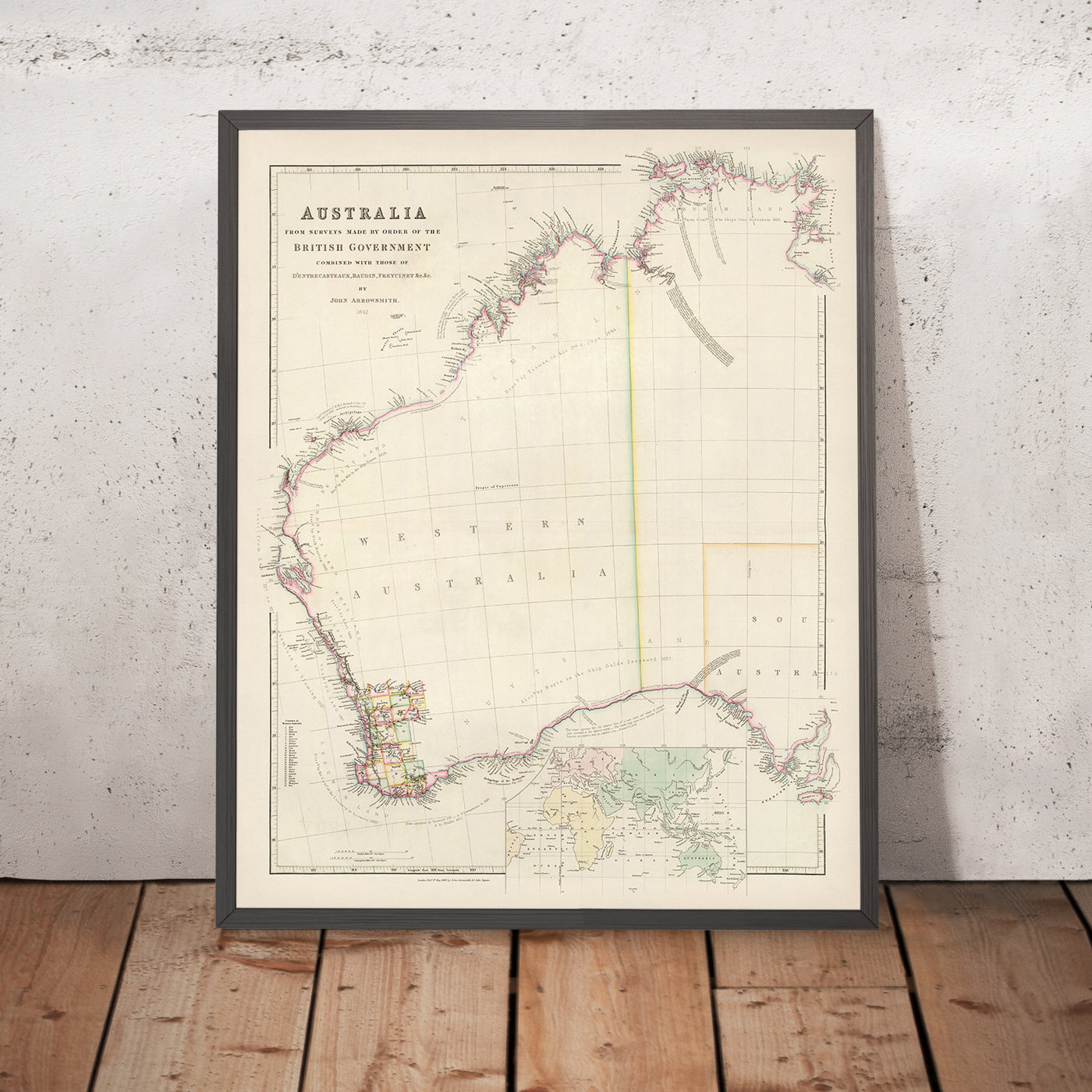 Alte Karte von Westaustralien von Arrowsmith, 1844: Perth, Adelaide, Küstenlinien, Grafschaften, Entdeckungen