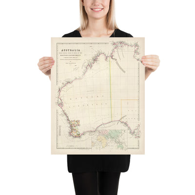 Alte Karte von Westaustralien von Arrowsmith, 1844: Perth, Adelaide, Küstenlinien, Grafschaften, Entdeckungen 