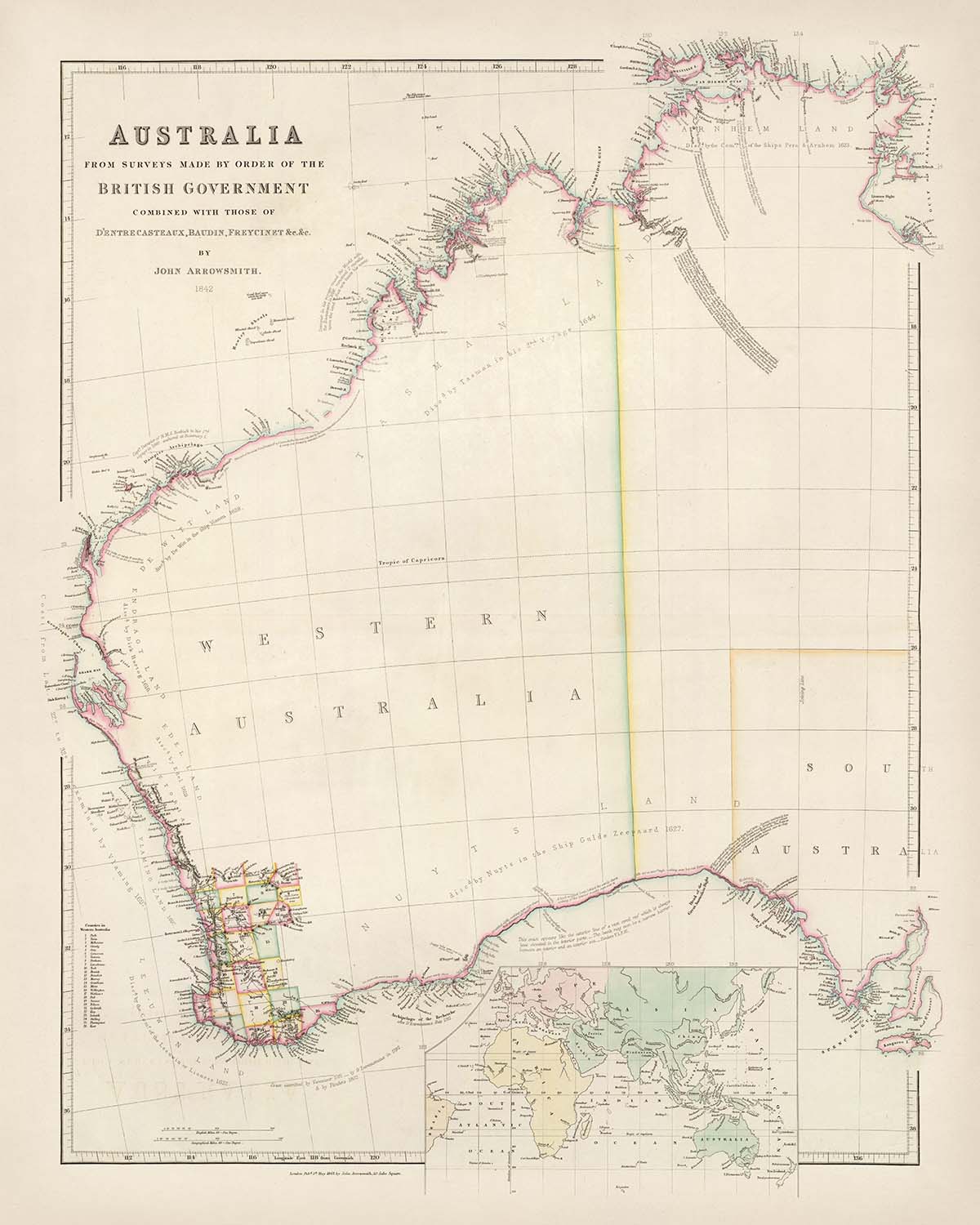 Alte Karte von Westaustralien von Arrowsmith, 1844: Perth, Adelaide, Küstenlinien, Grafschaften, Entdeckungen