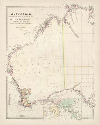 Alte Karte von Westaustralien von Arrowsmith, 1844: Perth, Adelaide, Küstenlinien, Grafschaften, Entdeckungen 