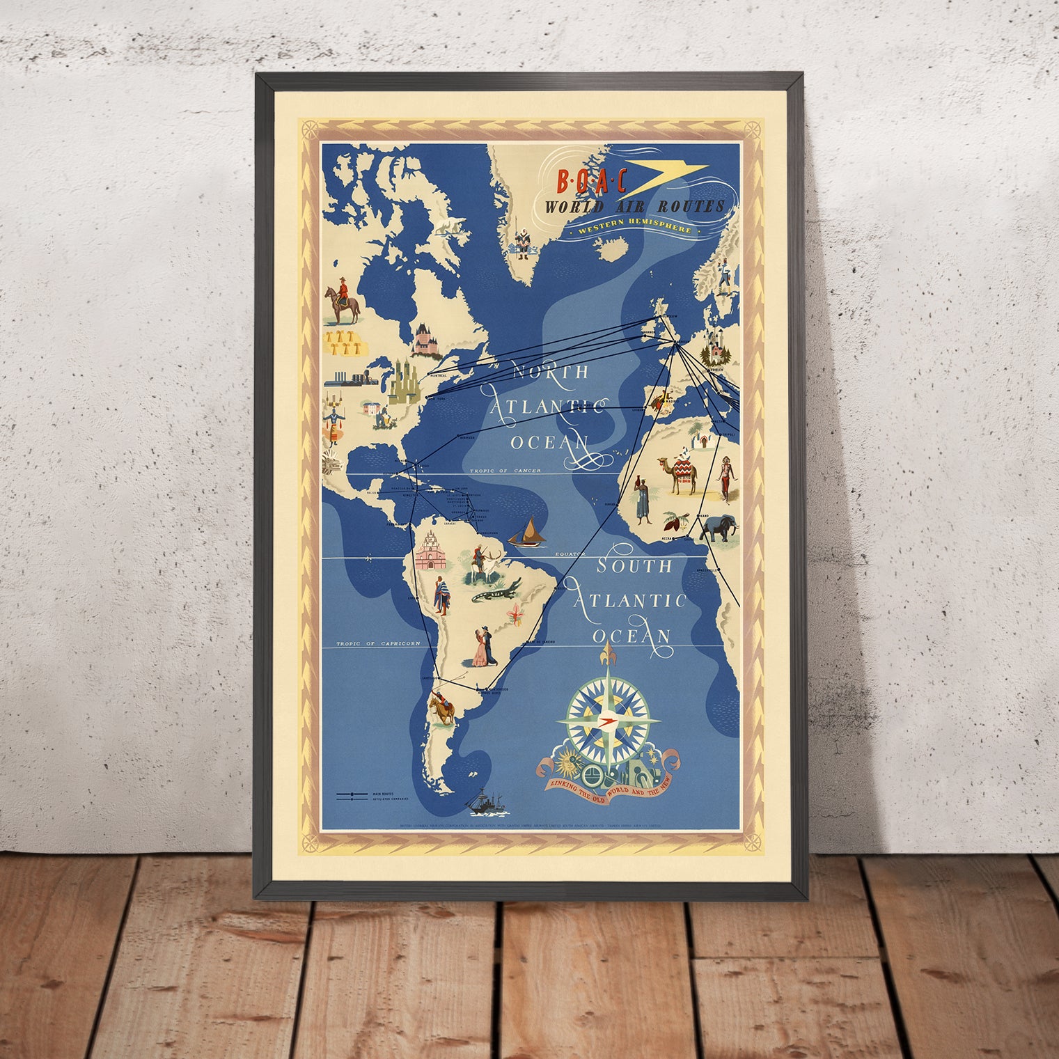 Old Pictorial Map of Western Hemisphere Air Routes by BOAC, 1949: Dawn ...