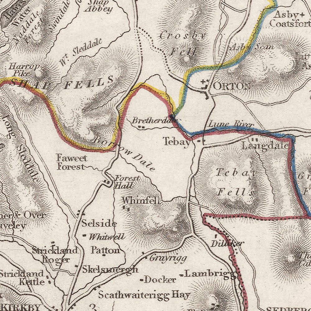 Ancienne carte de Westmorland par Samuel Lewis, 1844 : Appleby, Kendal, Kirkby Stephen, Brough, Lake District