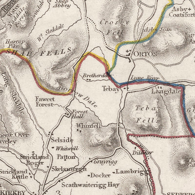 Ancienne carte de Westmorland par Samuel Lewis, 1844 : Appleby, Kendal, Kirkby Stephen, Brough, Lake District