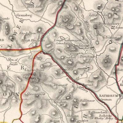 Ancienne carte du comté de Wicklow par Samuel Lewis, 1844 : Bray, Arklow, Baltinglass, Blessington, Glendalough