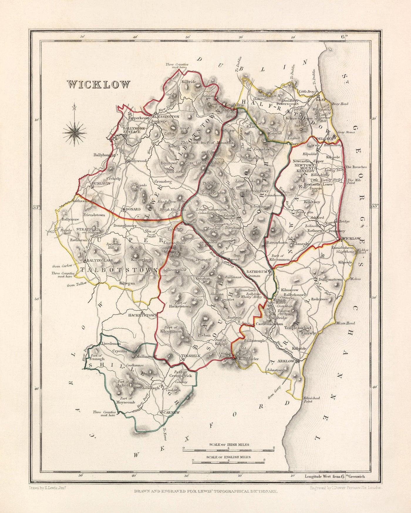Ancienne carte du comté de Wicklow par Samuel Lewis, 1844 : Bray, Arklow, Baltinglass, Blessington, Glendalough