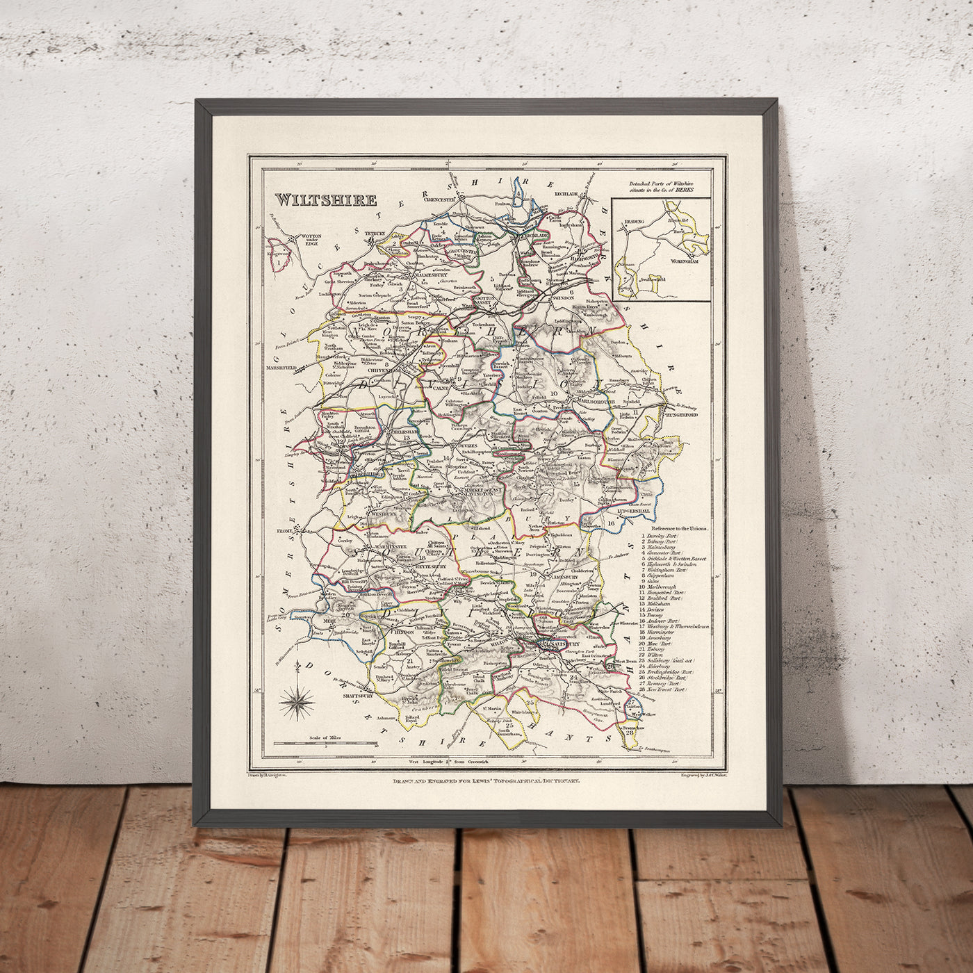 Alte Karte von Wiltshire von Samuel Lewis, 1844: Salisbury, Devizes, Marlborough, Chippenham, Stonehenge 