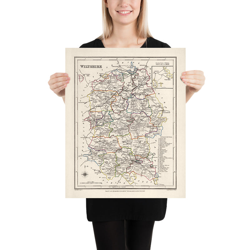 Alte Karte von Wiltshire von Samuel Lewis, 1844: Salisbury, Devizes, Marlborough, Chippenham, Stonehenge 