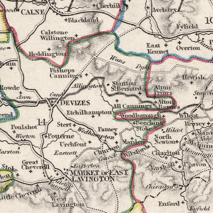 Alte Karte von Wiltshire von Samuel Lewis, 1844: Salisbury, Devizes, Marlborough, Chippenham, Stonehenge 