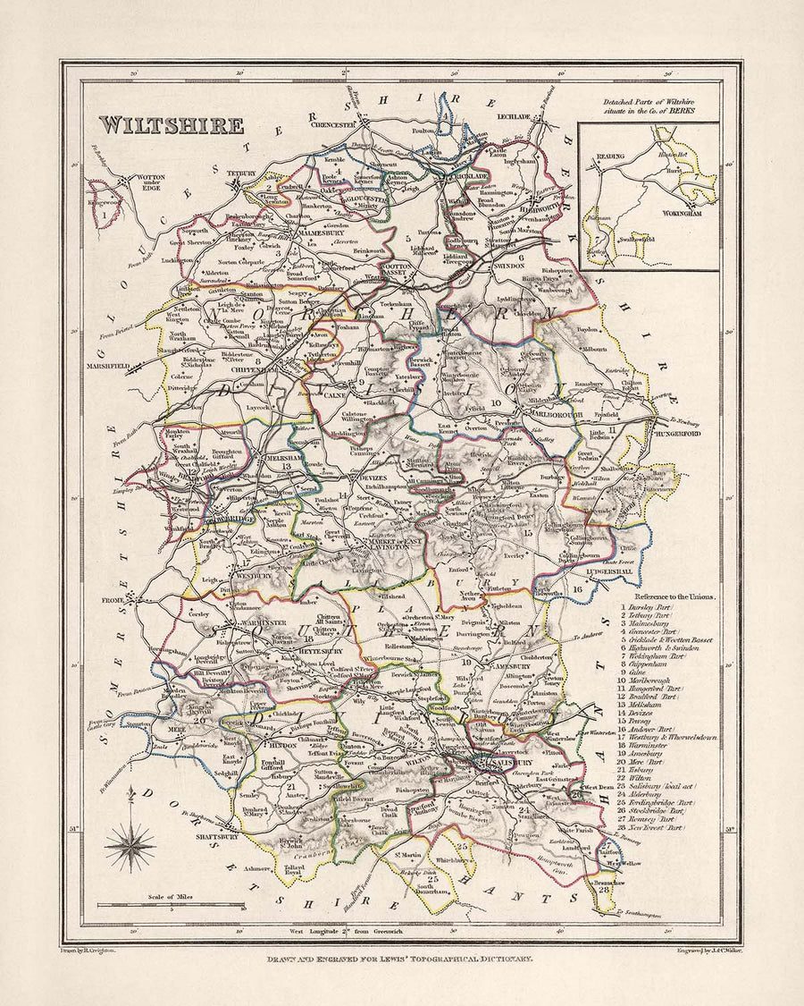 Alte Karte von Wiltshire von Samuel Lewis, 1844: Salisbury, Devizes, Marlborough, Chippenham, Stonehenge 