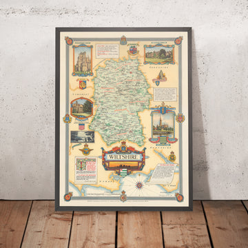 Mapa pictórico antiguo de Wiltshire realizado por Clegg en 1946: Swindon, Salisbury, Stonehenge, Abadía de Malmesbury, Abadía de Lacock