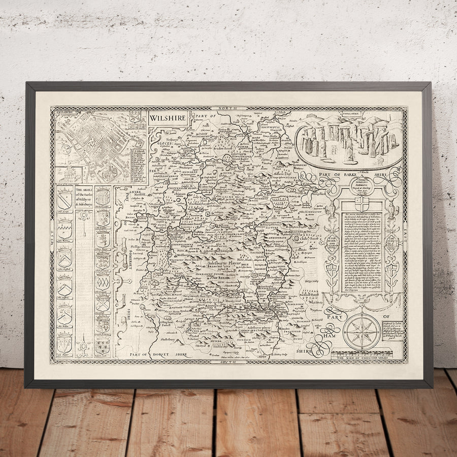 Ancienne carte de Wiltshire en 1611 par John Speed ​​- Salisbury, Stonehenge, Swindon, Trowbridge