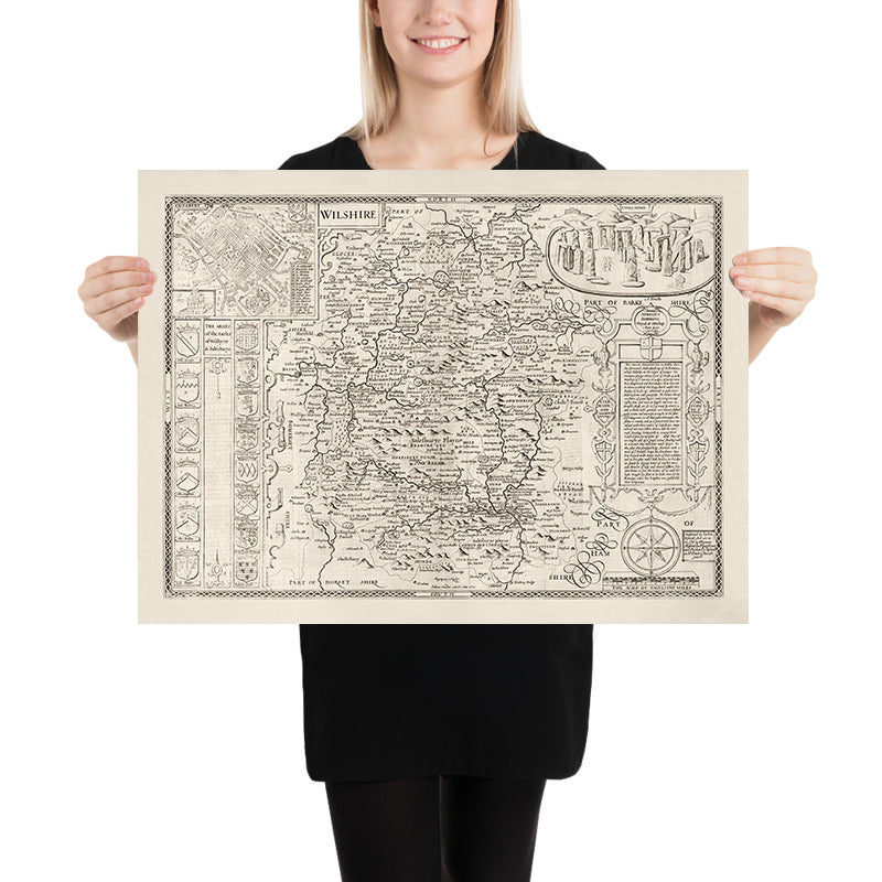 Ancienne carte de Wiltshire en 1611 par John Speed ​​- Salisbury, Stonehenge, Swindon, Trowbridge