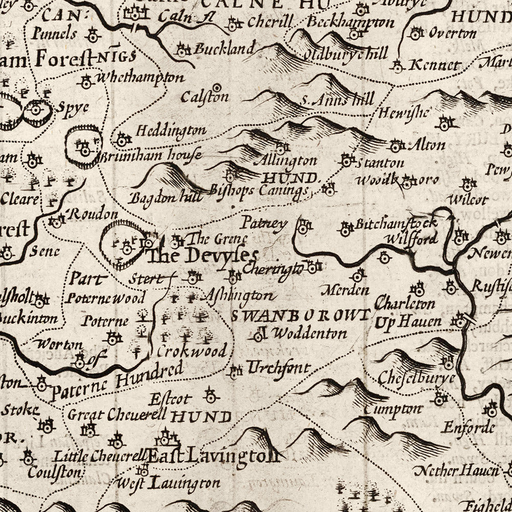 Mapa antiguo de Wiltshire en 1611 por John Speed ​​- Salisbury, Stonehenge, Swindon, Trowbridge