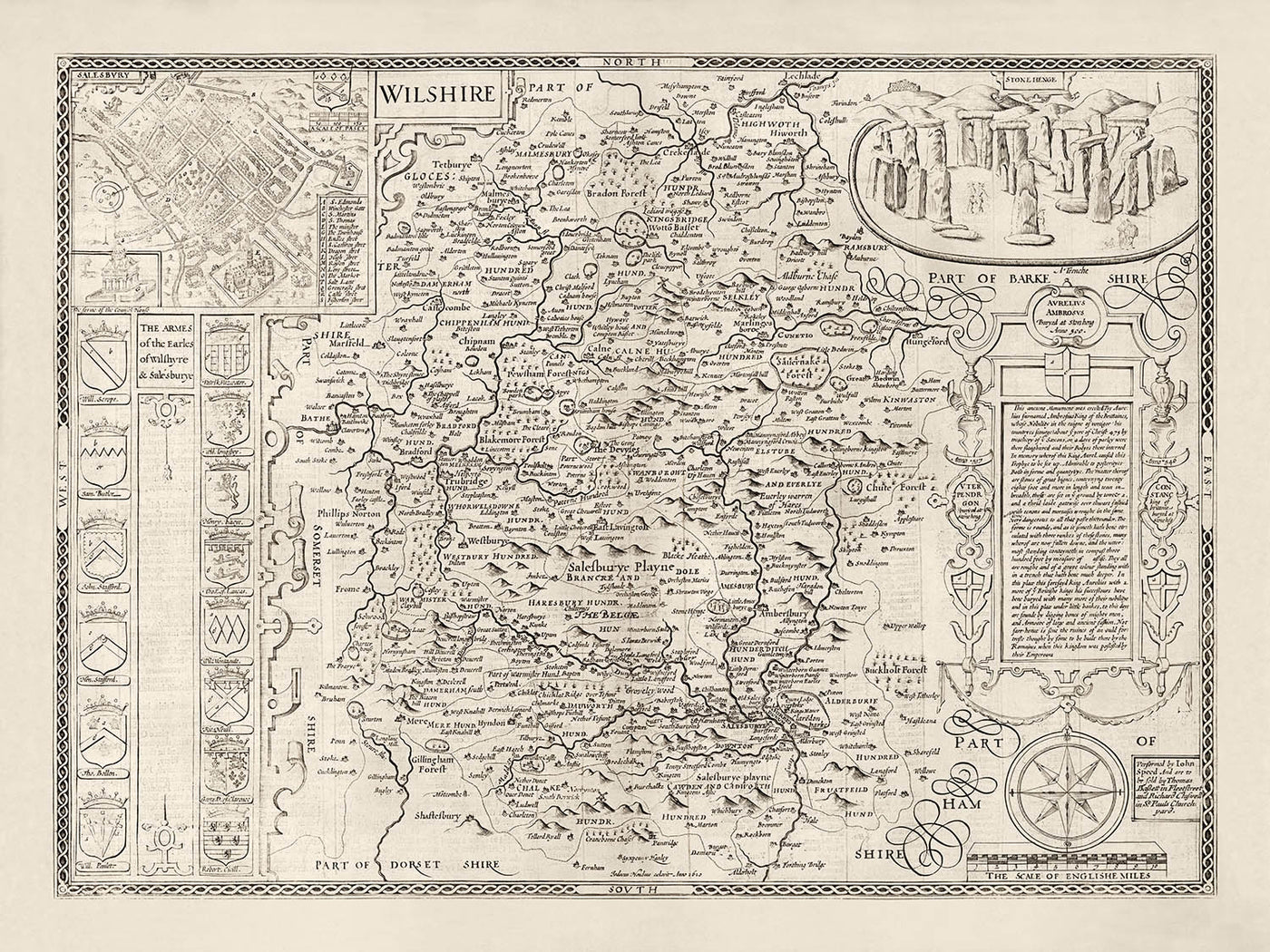 Mapa antiguo de Wiltshire en 1611 por John Speed ​​- Salisbury, Stonehenge, Swindon, Trowbridge
