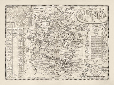 Mapa antiguo de Wiltshire en 1611 por John Speed ​​- Salisbury, Stonehenge, Swindon, Trowbridge