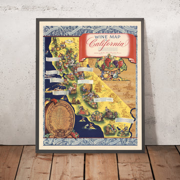 Antigua Mapa de las Regiones Vitivinícolas de California, 1935: Elaboración de Vino, Viñedos, Sonoma, Valle de Napa, Viñetas 