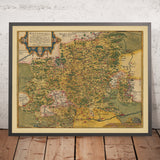 Antigua mapa de Würrtemberg por Ortelius, 1587: Stuttgart, Ulm, Alemania, río Neckar, bosques 