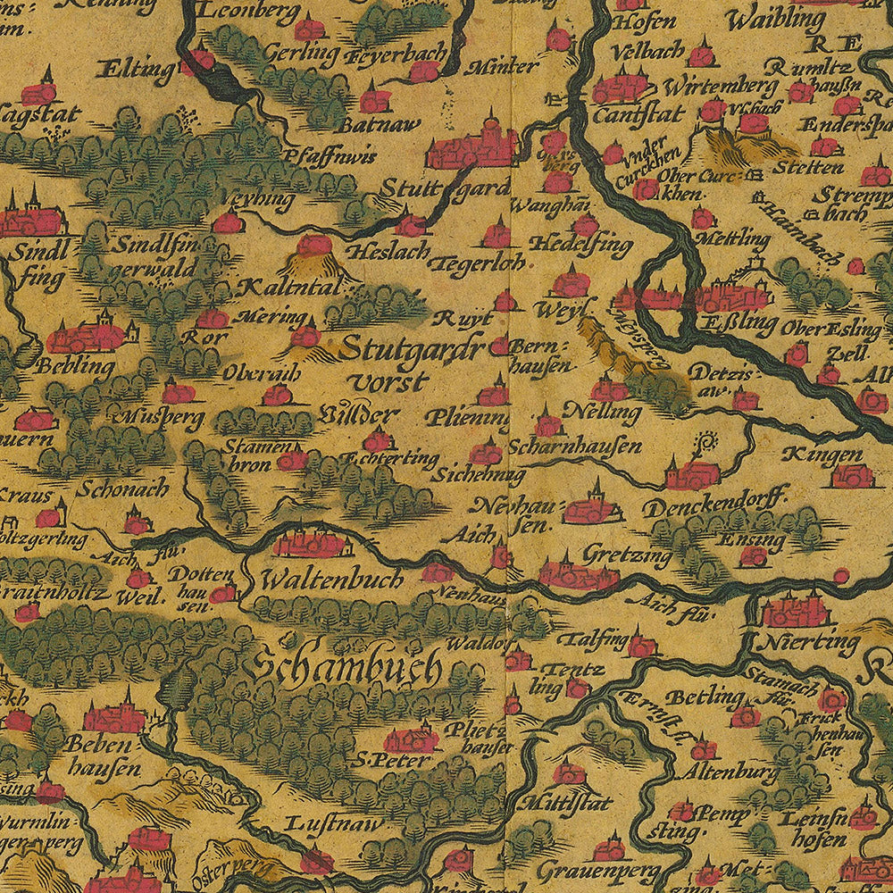 Carte ancienne du Wurtemberg par Ortelius, 1587 : Stuttgart, Neckar, Fortifications, Forêts, Frontières