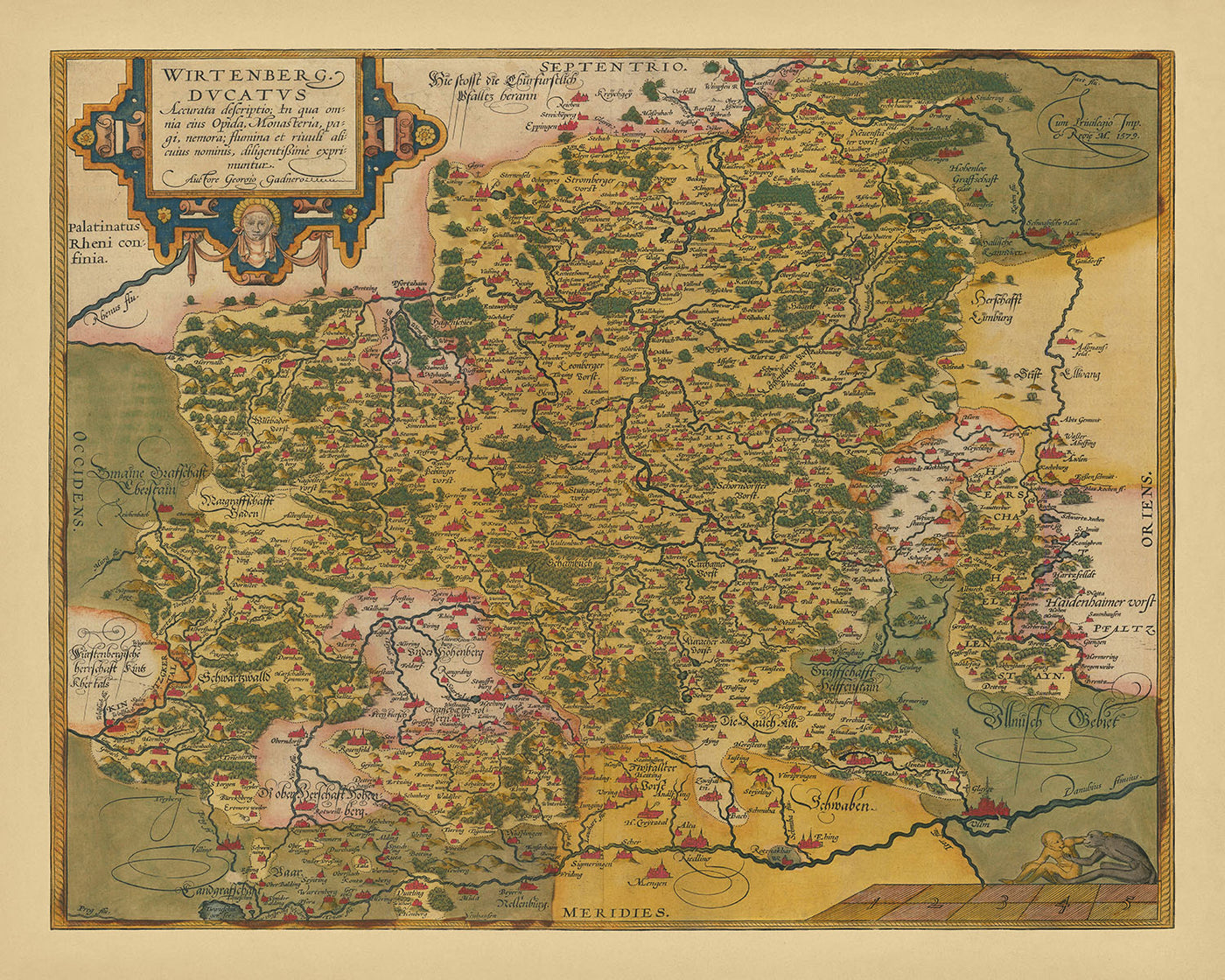 Mapa antiguo de Württemberg de Ortelius, 1587: Stuttgart, río Neckar, fortificaciones, bosques, fronteras