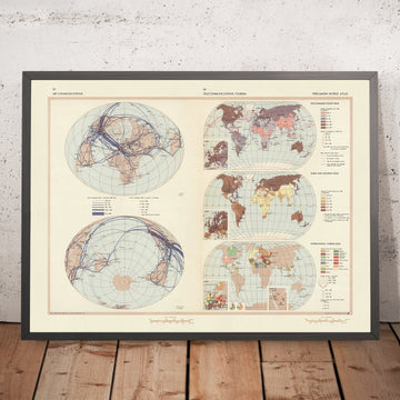 Mappa infografica antica della comunicazione globale, 1967: rotte aeree, reti di telecomunicazione, turismo internazionale 