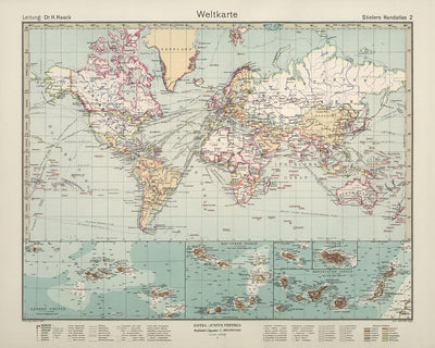 Old German World Map (Weltkarte) by Stieler, 1940: Final Months of World War II, Political Borders