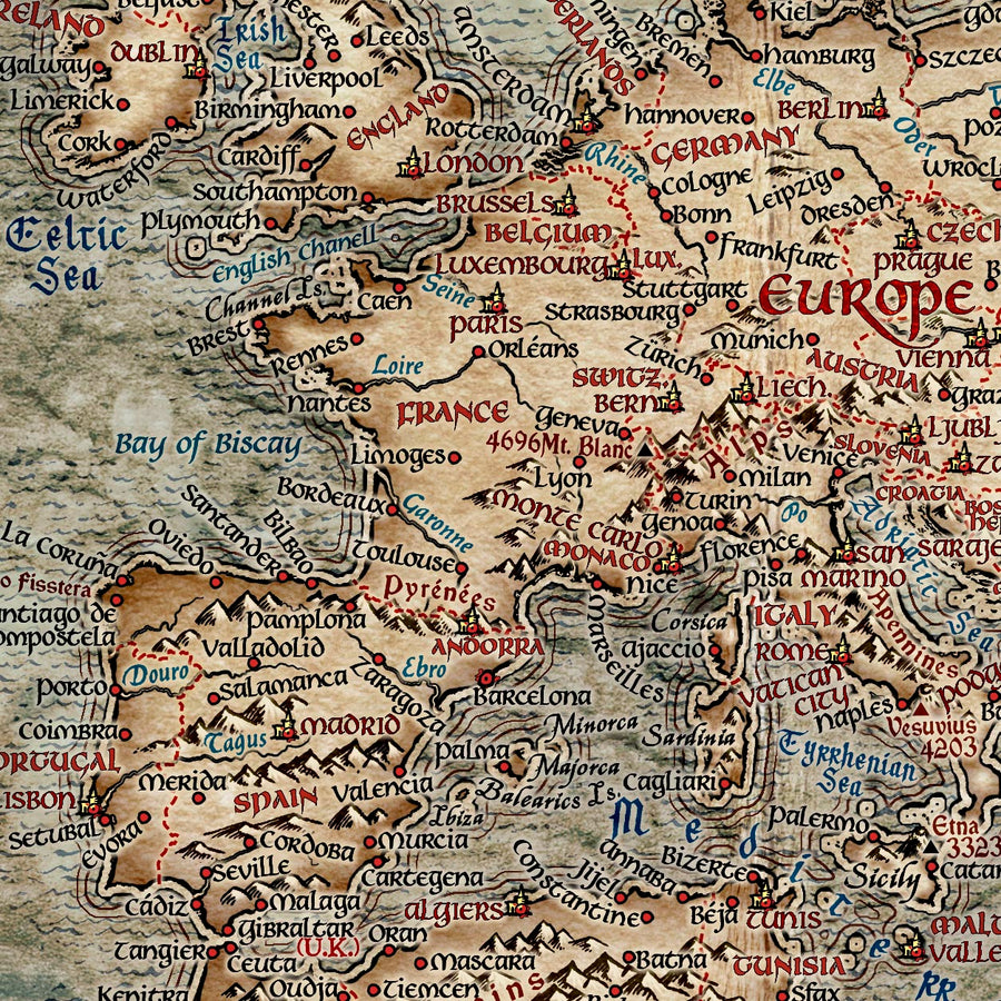 Alter Herr der Ringe-Weltkarte von Ray&Co, 2022: Große Fantasy-Mittelerde-Karte, moderne Länder und Städte 