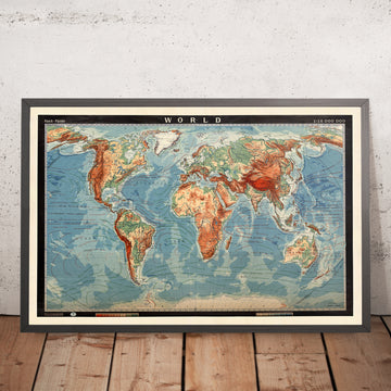 Alte physische Weltkarte von G Pohlmann, 1950: Lehrtafel für Vorträge 