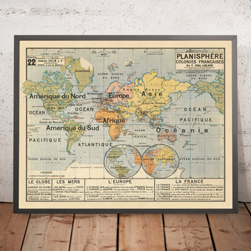 Mapa mundial colonial francés antiguo por Vidal Lablache, 1897: Gráfico educativo 