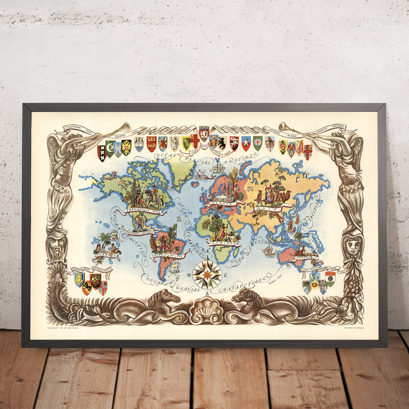 Old Pictorial World Map by Liozu, 1951: Artistic Illustrations, Heraldic, Post-WWII