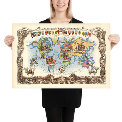 Old Pictorial World Map by Liozu, 1951: Illustrations artistiques, héraldique, après la Seconde Guerre mondiale