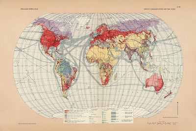 Alte Infografik-Karte der Weltoberflächenkommunikation und Zeitzonen, 1967: Schifffahrtsrouten, Flugrouten und Telekommunikationsnetze