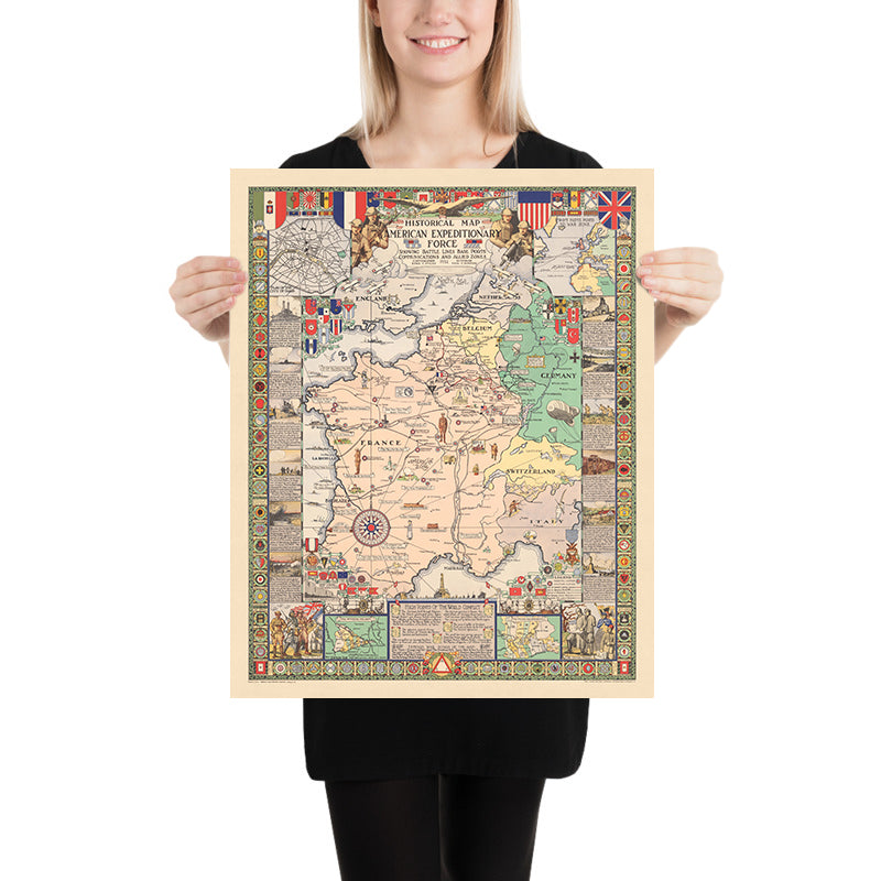 Mapa antiguo del Frente Occidental de la Primera Guerra Mundial, 1932: AEF, Línea Hindenburg, París, Meuse-Argonne, Saint-Mihiel 