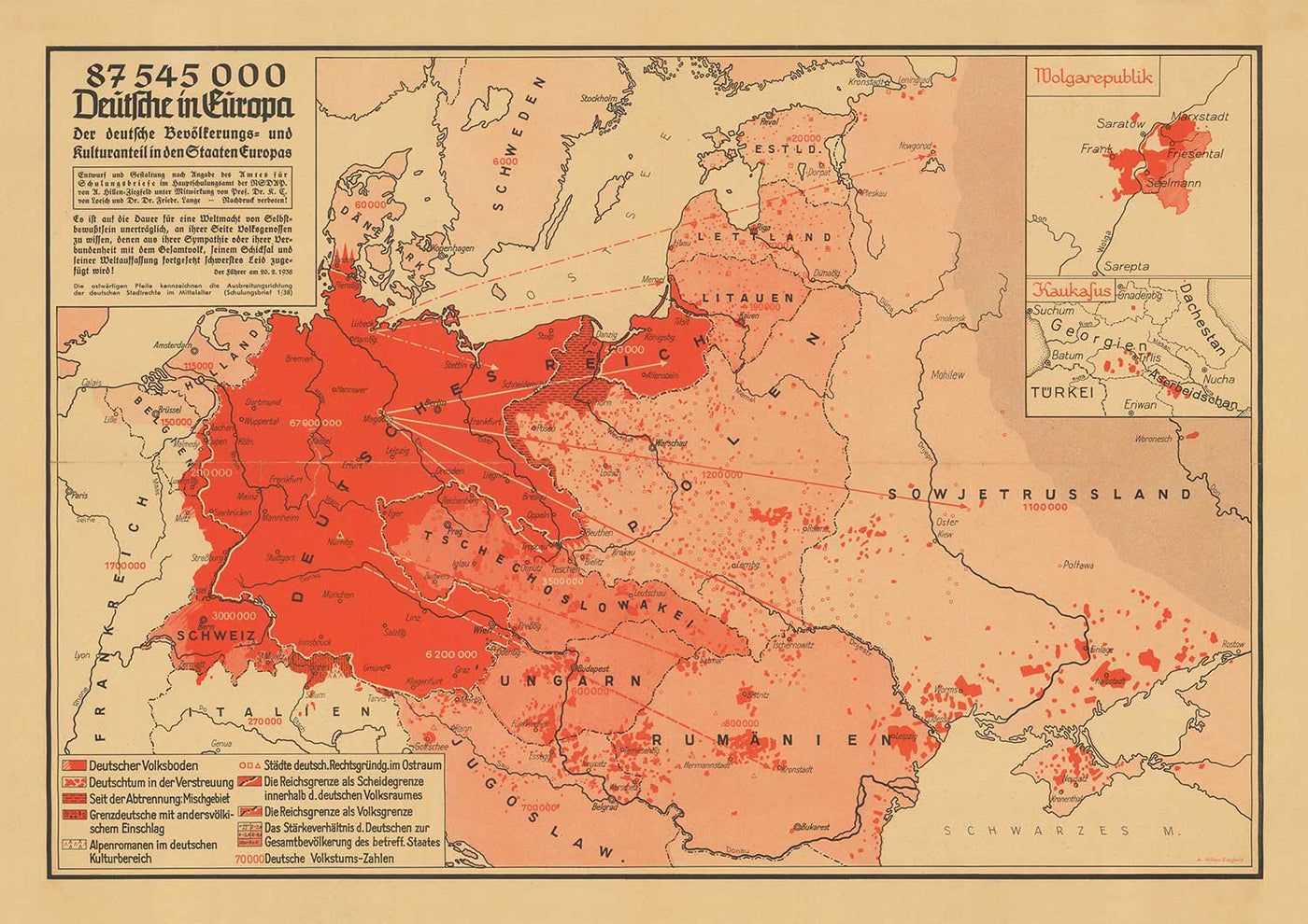 Alte Nazi-Propagandakarte aus dem 2. Weltkrieg von Arnold Hillen-Ziegfeld im Jahr 1938 – Deutschland, Niederlande, Belgien, Polen, UdSSR