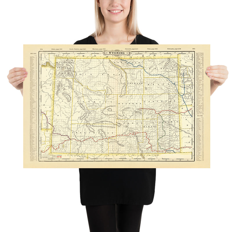 Ancienne carte du Wyoming par Cram, 1891 : Yellowstone, Grand Teton, Wind River Range