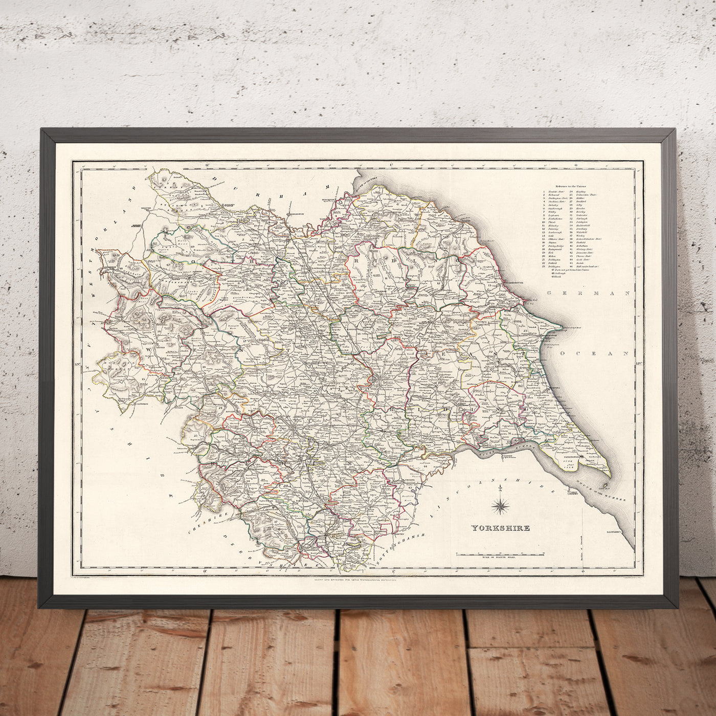 Alte Karte von Yorkshire von Samuel Lewis, 1844: Leeds, Sheffield, Bradford, Kingston upon Hull und York 