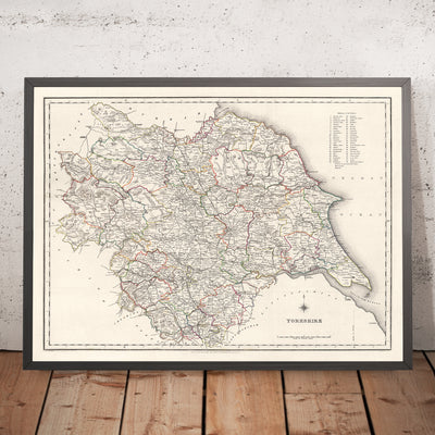 Alte Karte von Yorkshire von Samuel Lewis, 1844: Leeds, Sheffield, Bradford, Kingston upon Hull und York 