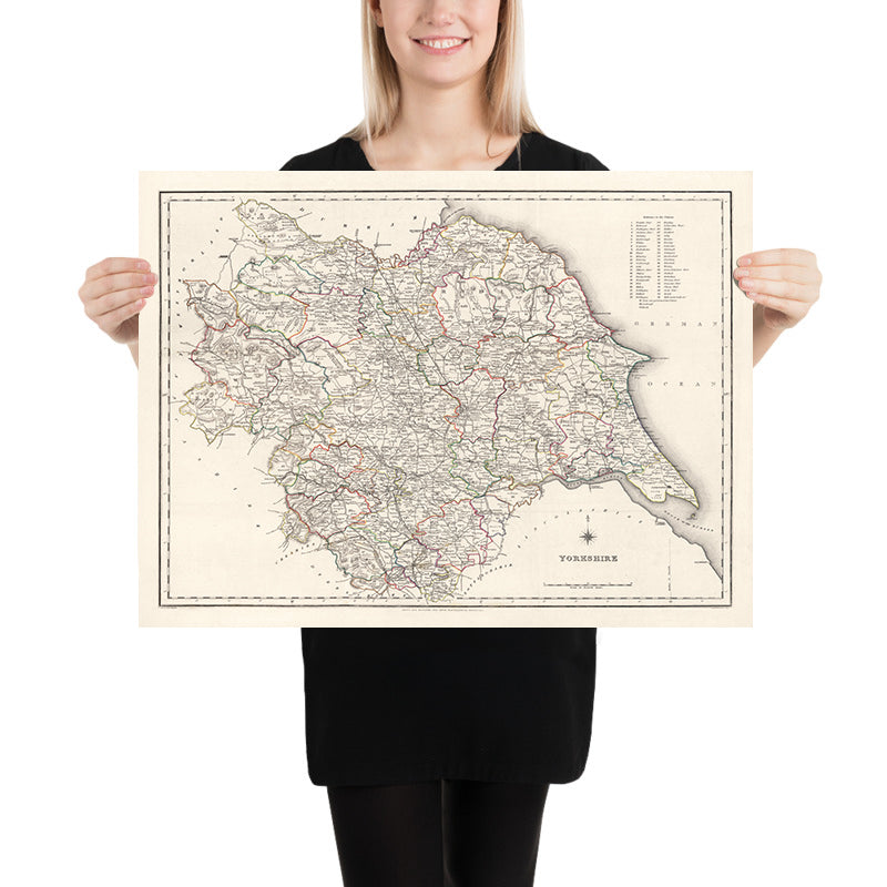 Alte Karte von Yorkshire von Samuel Lewis, 1844: Leeds, Sheffield, Bradford, Kingston upon Hull und York 