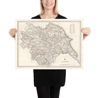 Alte Karte von Yorkshire von Samuel Lewis, 1844: Leeds, Sheffield, Bradford, Kingston upon Hull und York 