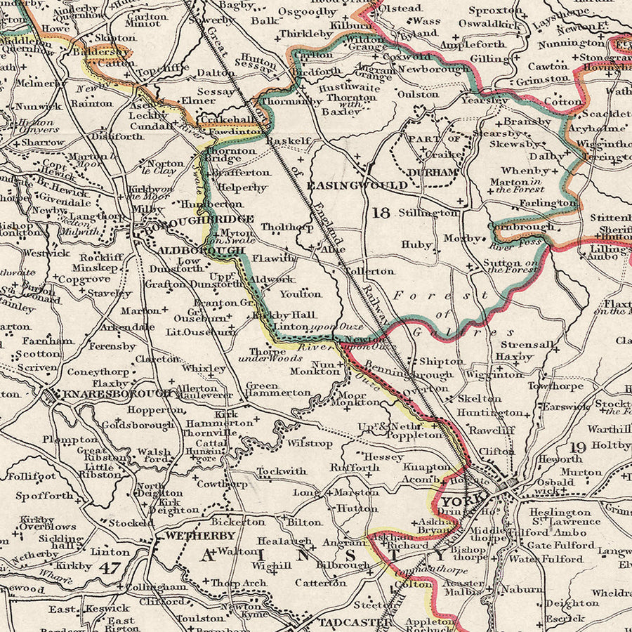 Old Map of Yorkshire by Samuel Lewis, 1844: Leeds, Sheffield, Bradford, Kingston upon Hull, and York