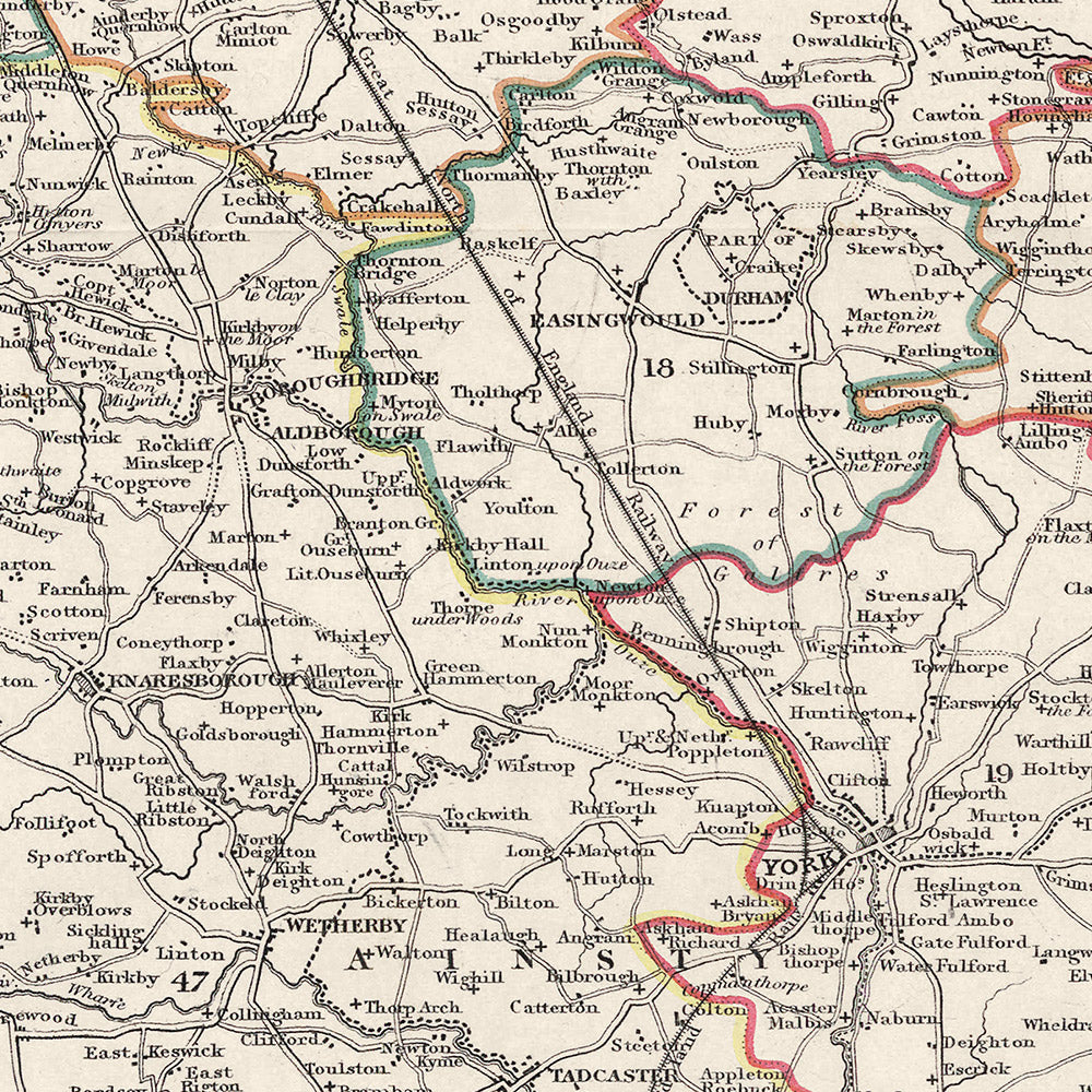 Alte Karte von Yorkshire von Samuel Lewis, 1844: Leeds, Sheffield, Bradford, Kingston upon Hull und York 