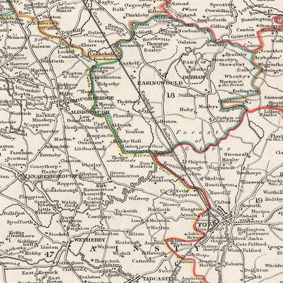 Alte Karte von Yorkshire von Samuel Lewis, 1844: Leeds, Sheffield, Bradford, Kingston upon Hull und York 