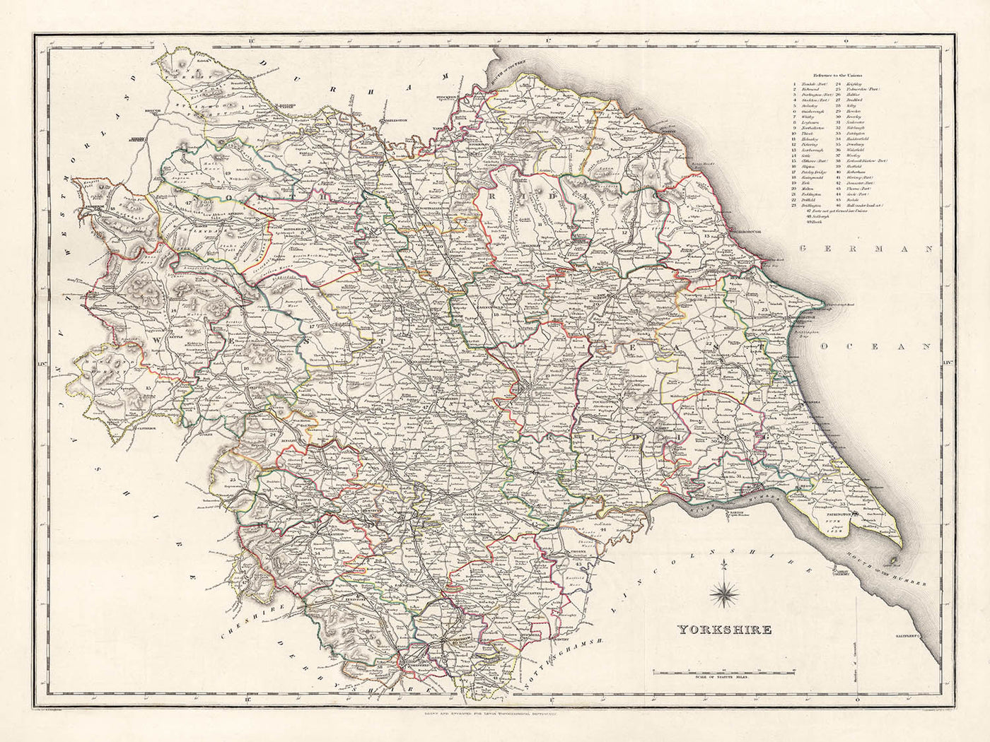 Alte Karte von Yorkshire von Samuel Lewis, 1844: Leeds, Sheffield, Bradford, Kingston upon Hull und York 