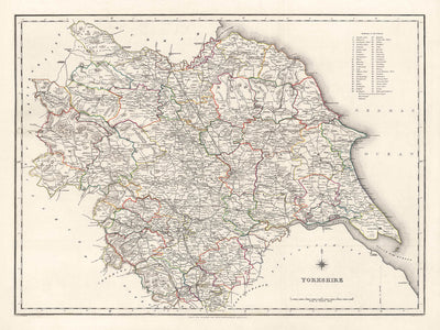 Alte Karte von Yorkshire von Samuel Lewis, 1844: Leeds, Sheffield, Bradford, Kingston upon Hull und York 