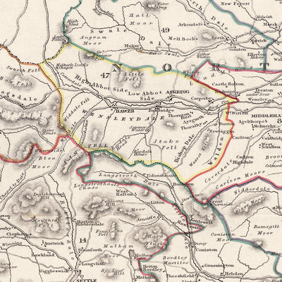Ancienne carte du Yorkshire par Samuel Lewis, 1844 : Leeds, Sheffield, Bradford, Kingston upon Hull et York 