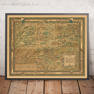 Antica mappa a colori del Cantone di Zurigo di Murer, 1566: Winterthur, Lago di Zurigo, Montagne 