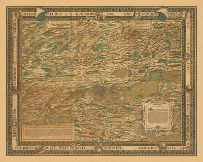 Alte Bildkarte von Zürich von Murer, 1566: Zürich, Winterthur, Zürichsee, Berge, Windköpfe