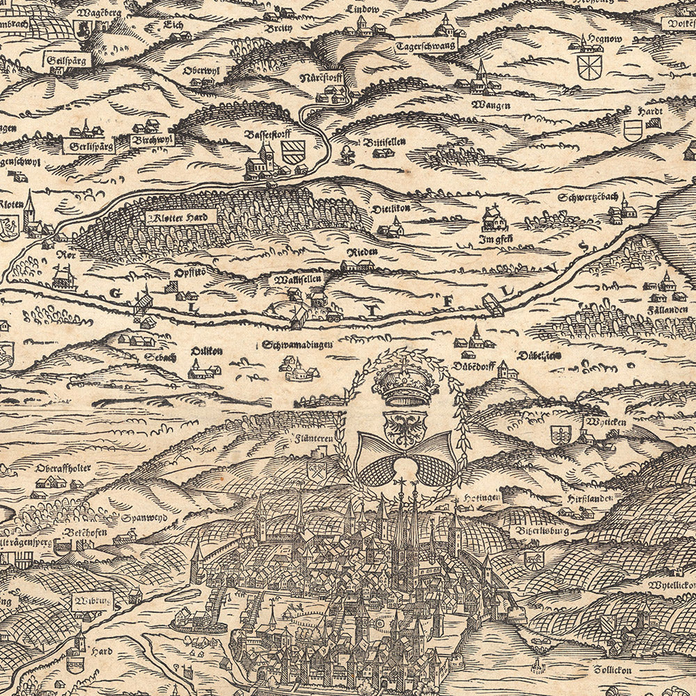 Old Monochrome Map of the Canton of Zurich by Murer, 1566: Winterthur, Lake Zurich, Mountains