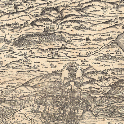 Alte Bildkarte von Zürich von Murer, 1566: Zürich, Winterthur, Zürichsee, Berge, Windköpfe